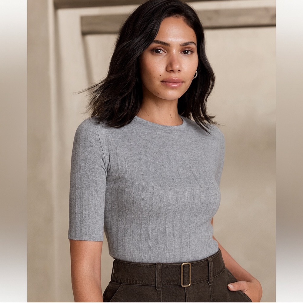 Banana Republic Factory Gray Wide Ribbed Elbow Sleeve Top XS